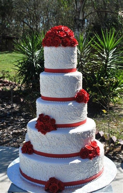 Red And White Wedding Cake Lace And Flowers The Cake Zone