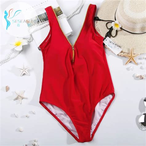 Seseasun Sexy Red One Piece Swimsuits Neopreno Front Zipper Swimsuit