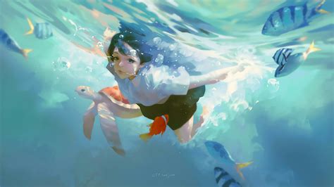 Digital Art Artwork Women Brunette Taejune Kim Swimming Turtle Sea Fish Illustration