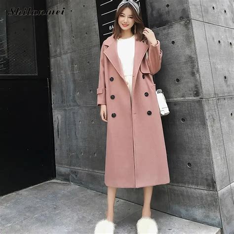 Korean 2018 New Women Long Simple Wool Blend Coat Turn Down Collar Coats Casaco Feminino Autumn