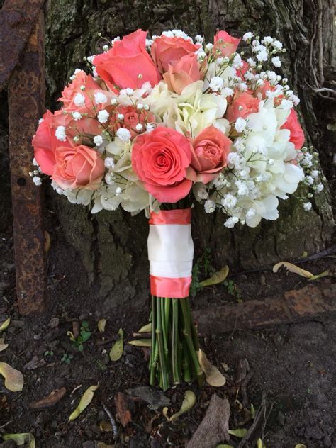 Bridal Bouquet Of Coral Roses Hydrangea And Babies Breath Coral
