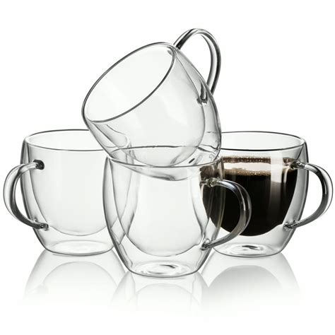 Jecobi Cozy Double Wall Glass Tea Cups Extra Strong 8oz Set Of 4 Espresso Cups Coffee Mugs