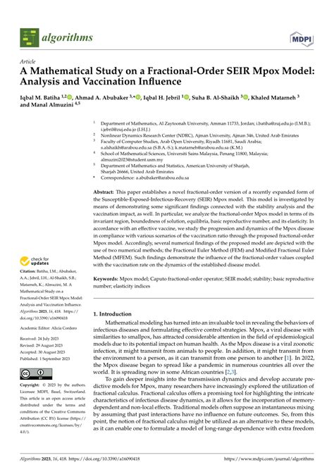 Pdf A Mathematical Study On A Fractional Order Seir Mpox Model Analysis And Vaccination Influence