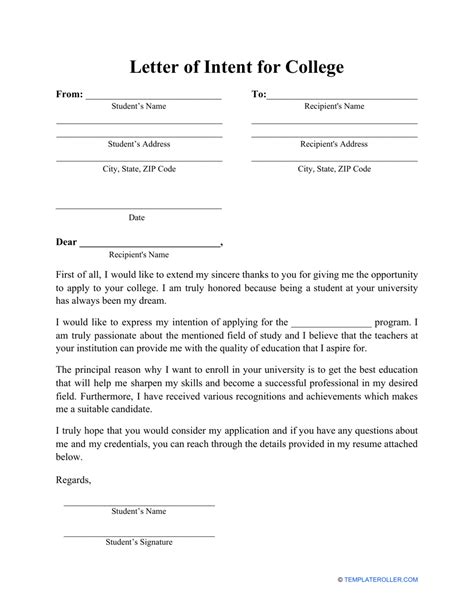 Letter Of Intent For College Template Download Printable Pdf