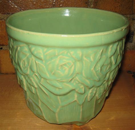 Vintage Mccoy Pottery Planter Green Jardiniere With Rose Etsy