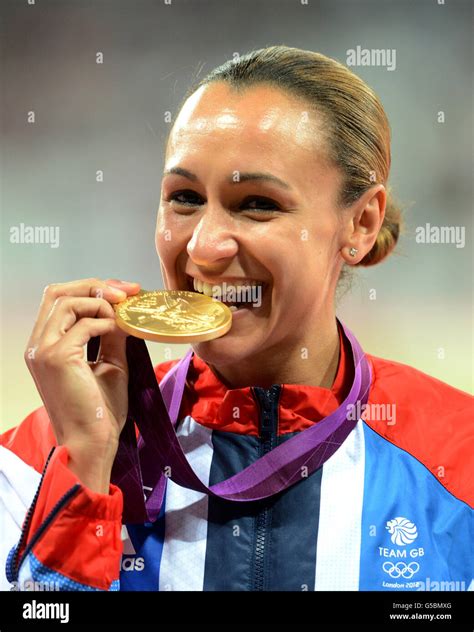 Great Britains Jessica Ennis Celebrates With Her Gold Medal After Winning The Heptathlon At The