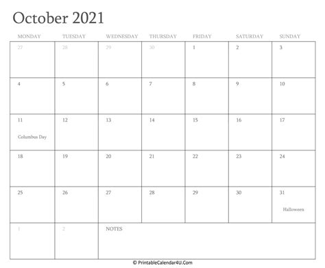 October 2021 Calendar Printable With Holidays