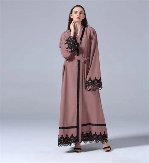 1555 Turkish Baju Kurung Lace Islamic Clothing Belted Kaftan Muslim Kimono Classic Nida Front