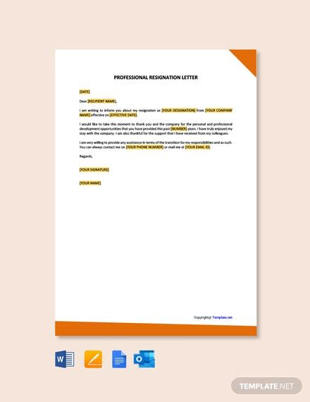 A resignation letter (or notice letter) acts as a written notice to the employer. Professional Resignation Letter Template Free PDF - Word (DOC) | Apple (MAC) Pages | Google ...