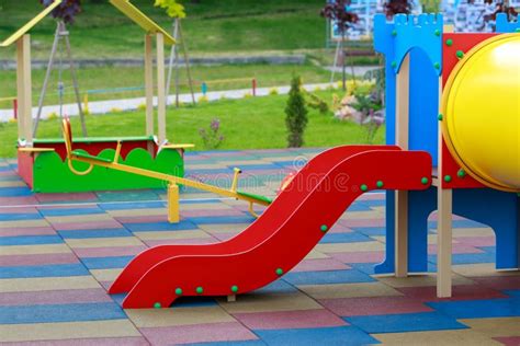 Red Slides In The Playground Stock Image Image Of Slides Outside