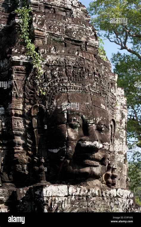 Ancient Khmer Architecture Huge Carved Buddha Faces Of Bayon Temple At