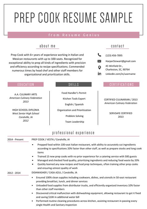 Prep Cook Resume Example And Writing Tips Resume Genius