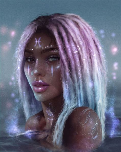 A Digital Painting Of A Woman With Pink Hair And Zodiac Signs On Her Face In The Water