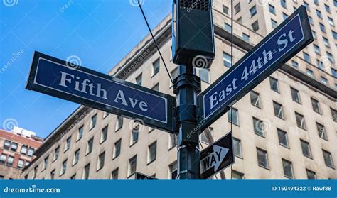 5th Ave And E44 Corner Blue Color Street Signs Manhattan New York