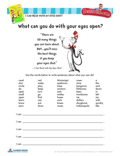 Dr Seuss Activity I Can Read With My Eyes Shut Worksheet For 3rd