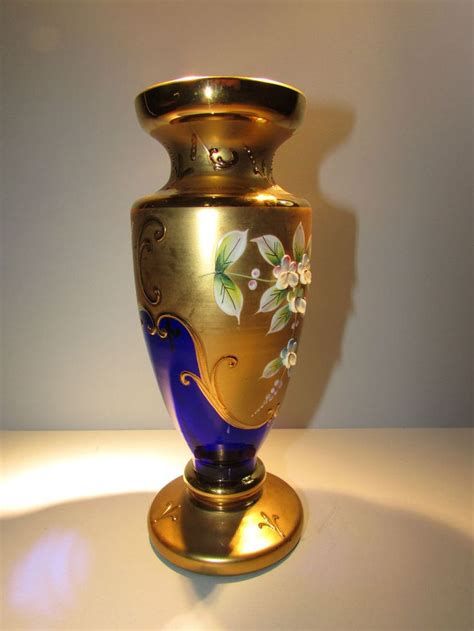 Czech Bohemian High Enamel Blue And Gold Vase Glass Hand Painted Egermann Bohemia Gold Vases