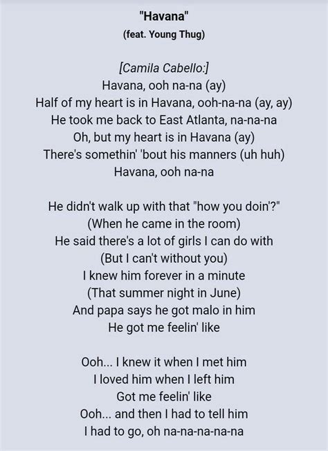 Lyrics of Havana. I like that song much - Brainly.in