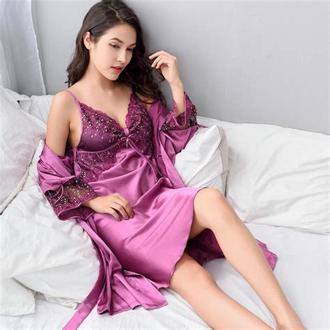 Xifenni Robe Sets Female Sexy Satin Silk Sleepwear Women Lace V Neck