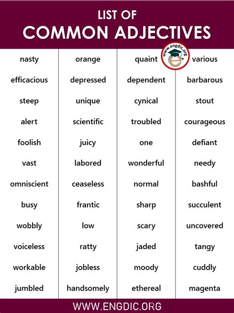 A List Of Common Adjectives Pdf A List Of