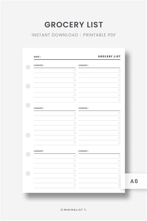 A6 Inserts Grocery List Printable Grocery Checklist Grocery List