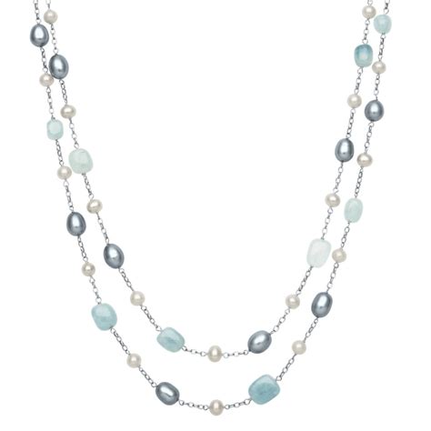 Aquamarine And Freshwater Pearl Layered Station Necklace
