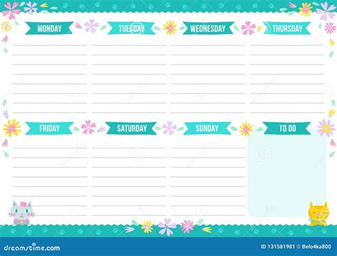 Cute Weekly Planner With Drawn Cats And Garland Stock Vector