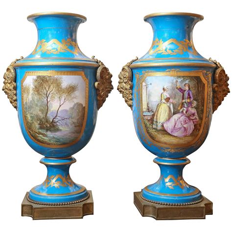 Pair Of French Sevres Porcelain Vases 19th Century In Celeste Blue Grand Scale For Sale At 1stdibs