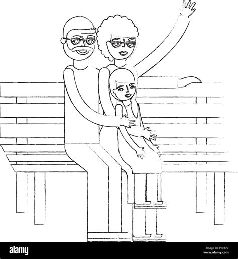 grandpa and grandma with granddaughter sit in bench vector illustration hand drawing stock