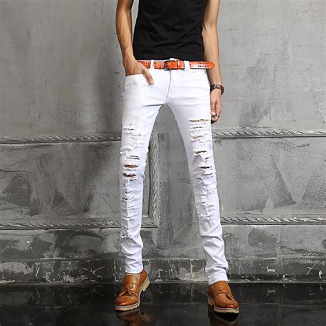2015 High Quality Men Runway Shows Scratched Ripped Jeans Skinny Biker