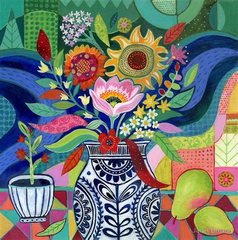 Late Summer Blooms Art Print By Janet Broxon Flower Art Folk Art