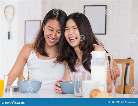 Happy Asian Lesbian Woman Couple Have Breakfast At House In Morning With Love And Tenderlgbtq