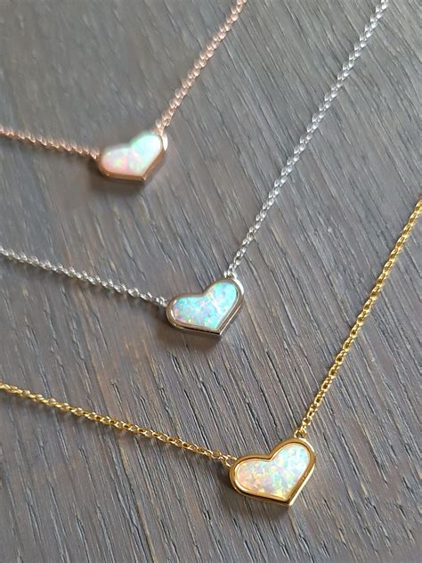 Opal Necklace Dainty Heart Necklace Silver Heart Necklace Etsy Espa A