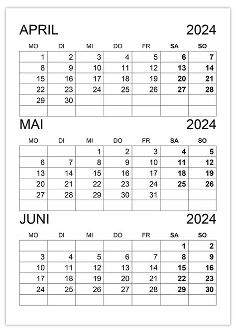 Kalender April Mai Juni 2024 Kalendersu