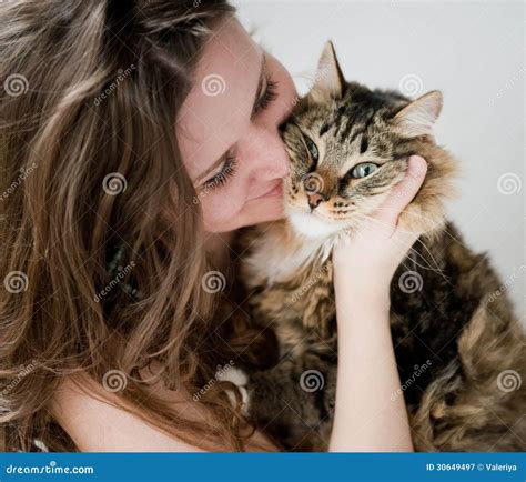 Brunette Girl And Her Cat Over Stock Image Image Of Beautiful Girl