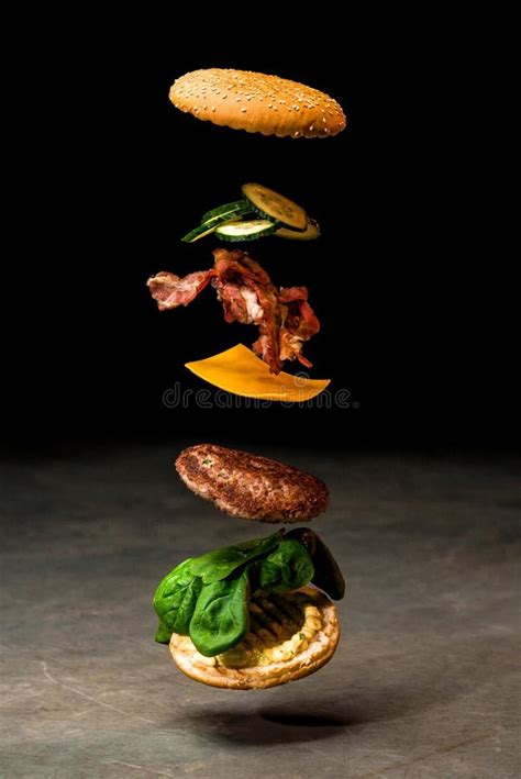 Burger Ingredients Levitating Dark Background Stock Photo Image Of