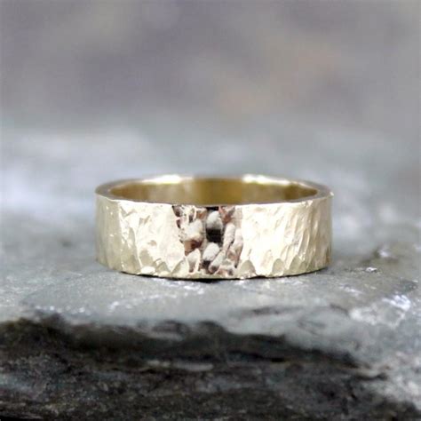 Hammered 14k Yellow Gold Wedding Band 6mm Wide Mens Or Ladies
