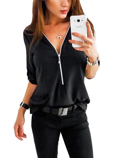 Casual Tops For Women Plus Size Summer Sleeveless Zip Up V Neck Office