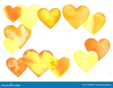 Watercolor Orange And Yellow Love Hearts Isolated Stock Illustration