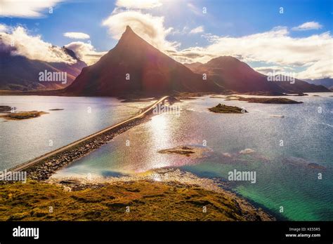 Aerial View Of A Scenic Coastal Road With A Bridge On Lofoten Islands