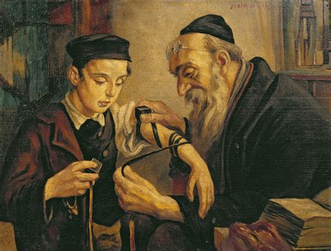 A Rabbi Tying The Phylacteries Painting By Jewish School