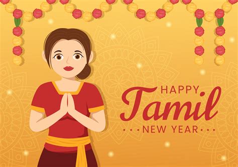 Happy Tamil New Year Illustration With Vishu Flowers Pots And Indian