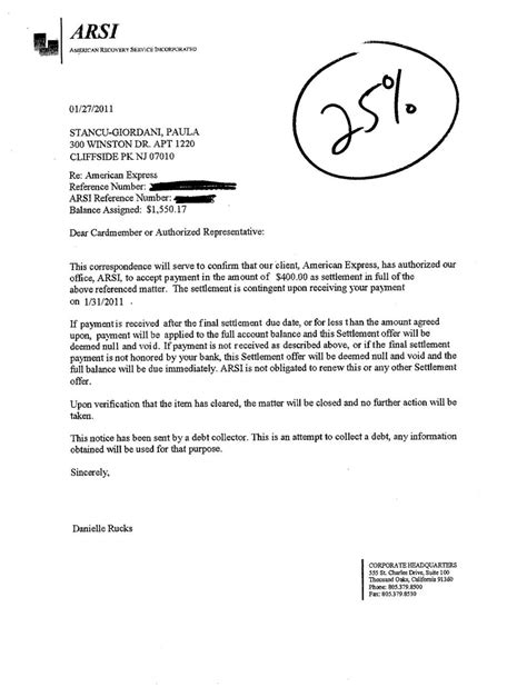 Debt Settlement Offer Letter Template Doc Sample By Caco Debt