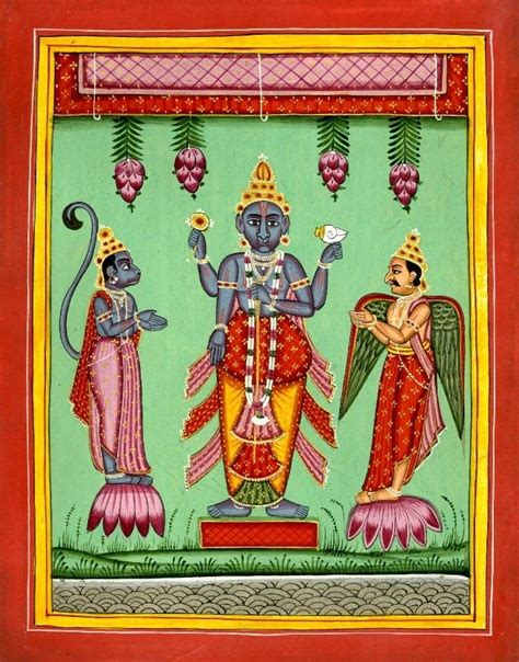 Viṣṇu Saluted By Hanuman On His Left And Garuda On His Right Painted