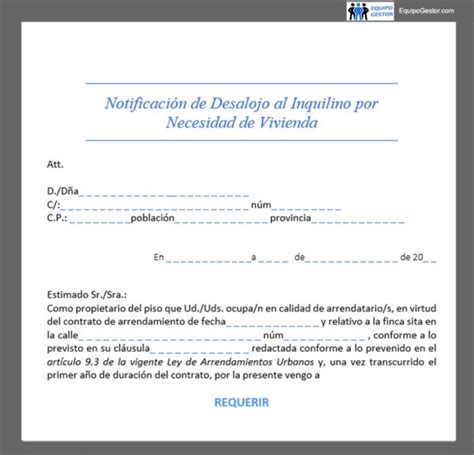 Descargar Escrito Notificación Al Inquilino Por Necesidad De Vivienda