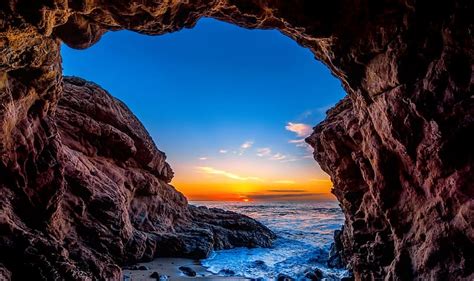 Sunset Sea Sun Beach Caves Horizon Ocean Cave Hd Wallpaper