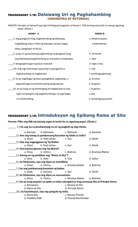 Pagsasanay 3 Practice Activity Pagsasanay 3 Dalawang Uri Ng