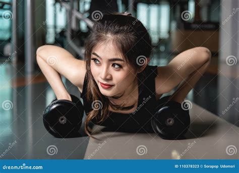 Gym Young Woman Workout Push Up Strength Pushup Exercise With Du Stock