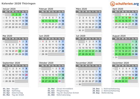 Kalender 2020 Ferien Thüringen Feiertage