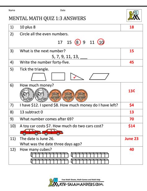 First Grade Mental Math Worksheets