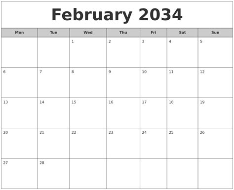 February 2034 Free Monthly Calendar